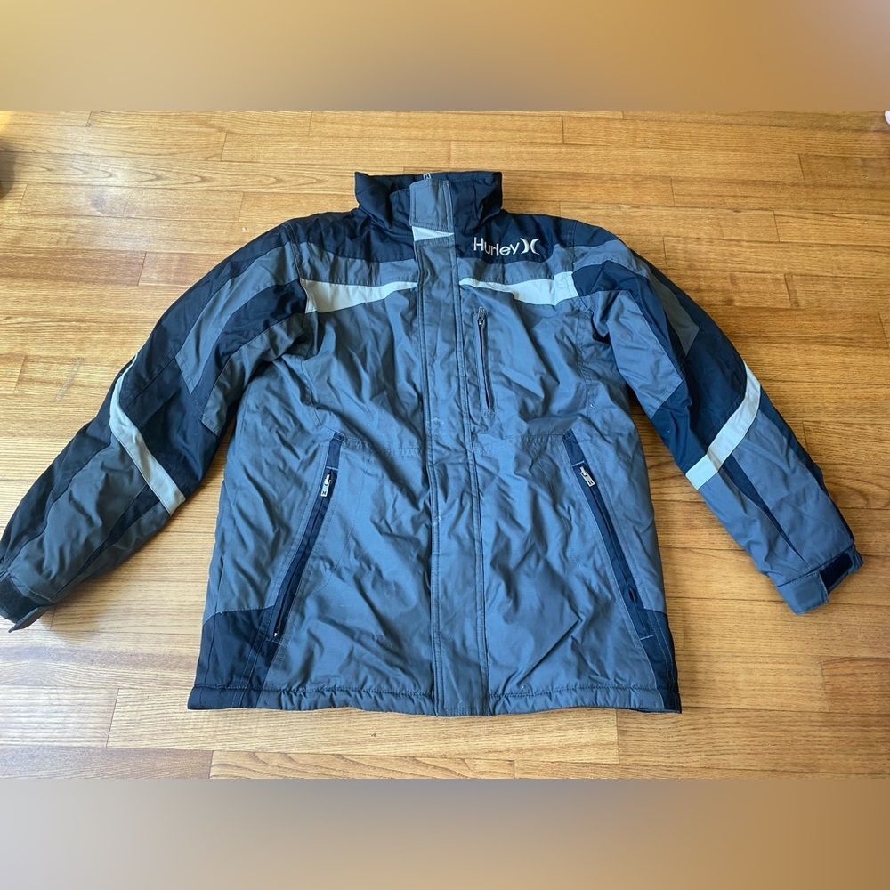Hurley Kids Boys M Gray Black Ski Puffer Jacket collared winter kidcore gorpcore